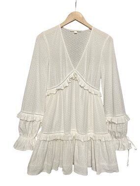 Jonathan Simkhai White Cotton Eyelet Long Sleeve Ruffle V Neck Mini Dress Sz XS